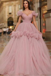 Pink Off-the-Shoulder Sleeveless Ball Gown Tulle Flower Appliques Floor Evening Gown