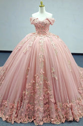 Pink Off-the-Shoulder Sleeveless Butterfly Applique Beaded Ball Gown Quinceanera Dress