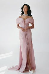 Pink off-the-shoulder ruffled mermaid evening dress