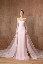 Pink off-the-shoulder lace mermaid evening dress