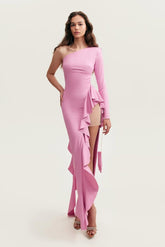 Pink One Shoulder Long Sleeve Fit and Flare Satin Ruffled Floor Length Formal Dress