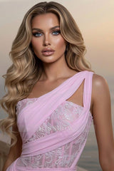 Pink One Shoulder Sleeveless A-Line Lace Ruched Chiffon Floor Length Formal Evening Dress