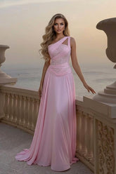 Pink One Shoulder Sleeveless A-Line Lace Ruched Chiffon Floor Length Formal Evening Dress