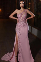 Pink one shoulder beaded mermaid evening dress