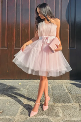 Pink Rhinestone Strapless Sleeveless Bow Ruffled Tulle A Line Mini Formal Evening Dress