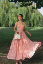 Pink Rhinestone Sweetheart Sleeveless A-Line Lace Floral Appliques Tea Length Formal Dress