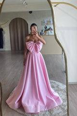 Pink Rhinestone Sweetheart Sleeveless Bow A-Line Satin Floor Length Formal Evening Gown