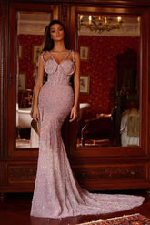 Pink Rhinestone Sweetheart Sleeveless Sequined Mermaid Floor Length Formal Evening Gown