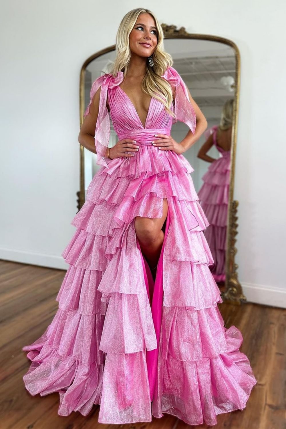 Pink Ruffled Prom Dress with Deep V Neckline in A-Line Style Pink Ruffled Prom Dress with Deep V Neckline in A-Line Style