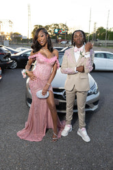 Pink Sequin Mermaid Prom Dress Off Shoulder 3D Floral Lace Ruffle Beaded High Slit Evening Gown with Sweep Train