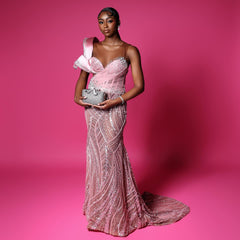 Pink Sequin Mermaid Prom Dress One Shoulder Bow Crystal Beading Lace-Up Back Formal Evening Gown