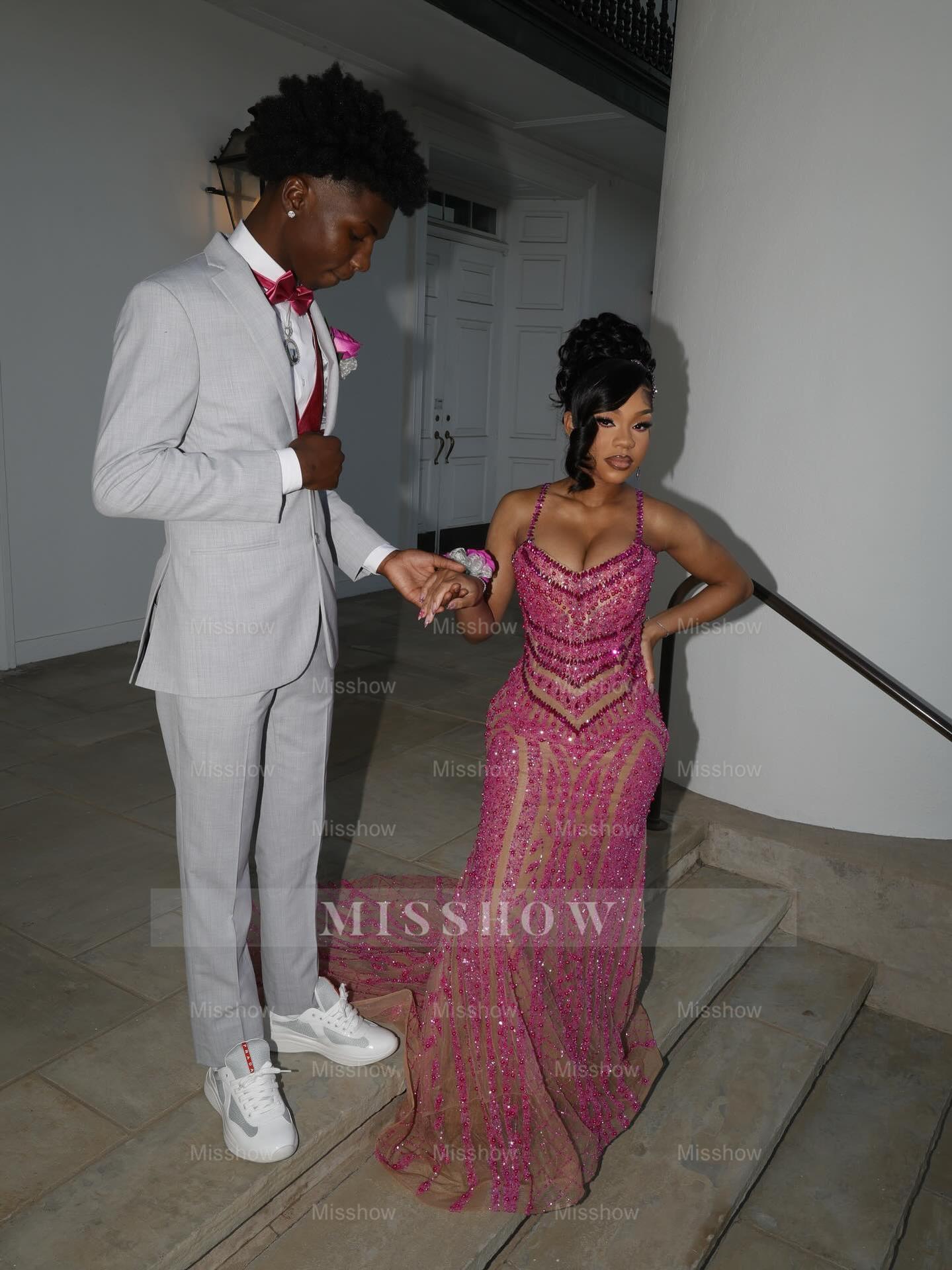 Pink Sequin Mermaid Prom Dress Spaghetti Straps Sparkly Beaded Evening Gown with Sweep Train