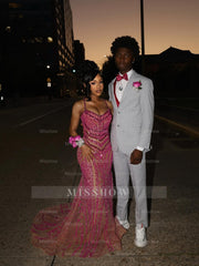 Pink Sequin Mermaid Prom Dress Spaghetti Straps Sparkly Beaded Evening Gown with Sweep Train