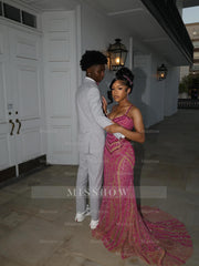 Pink Sequin Mermaid Prom Dress Spaghetti Straps Sparkly Beaded Evening Gown with Sweep Train