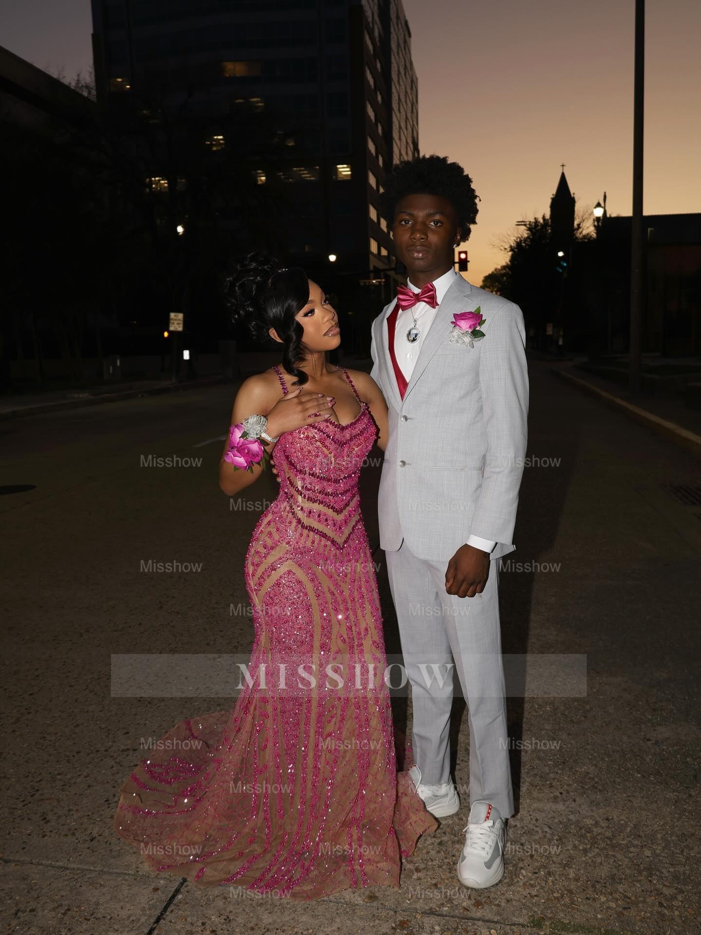 Pink Sequin Mermaid Prom Dress Spaghetti Straps Sparkly Beaded Evening Gown with Sweep Train