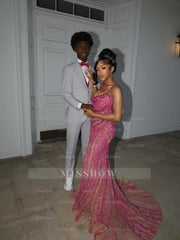 Pink Sequin Mermaid Prom Dress Spaghetti Straps Sparkly Beaded Evening Gown with Sweep Train