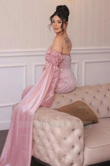 Pink Sequined Scoop Strapless Chiffon Mermaid Formal Dress with Flowers