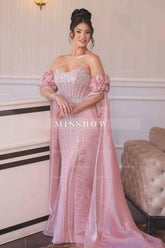 Pink Sequined Scoop Strapless Chiffon Mermaid Formal Dress with Flowers