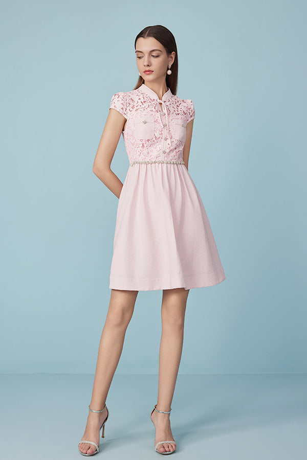 Pink Short A-line Lace Cap Sleeves Dress with Belt
