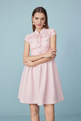 Pink Short A-line Lace Cap Sleeves Dress with Belt