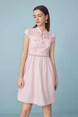 Pink Short A-line Lace Cap Sleeves Dress with Belt
