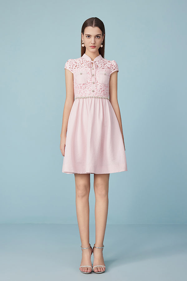 Pink Short A-line Lace Cap Sleeves Dress with Belt