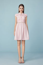 Pink Short A-line Lace Cap Sleeves Dress with Belt