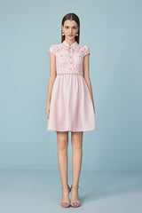 Pink Short A-line Lace Cap Sleeves Dress with Belt