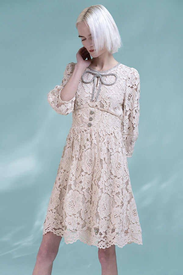 Pink Short A-line Lace Long Sleeves Dress
