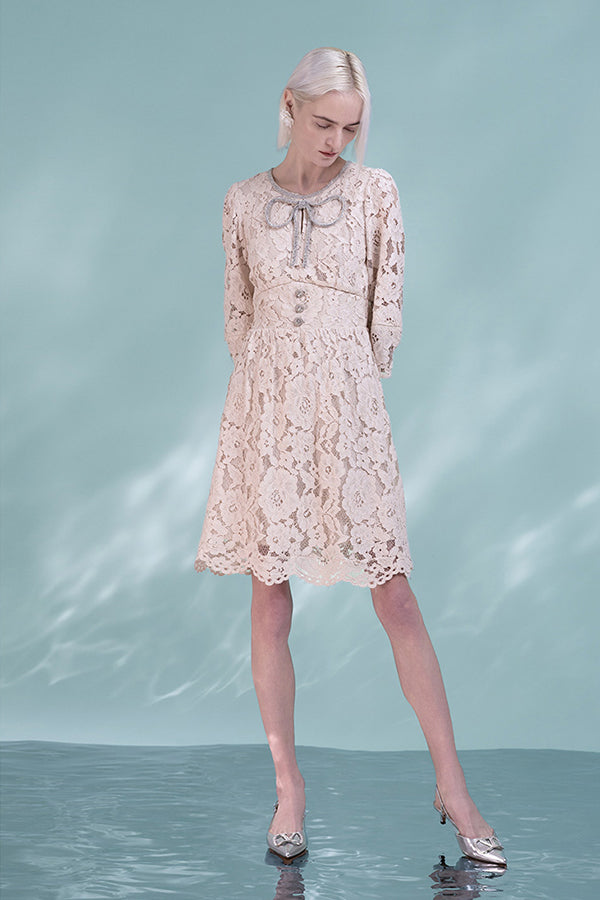 Pink Short A-line Lace Long Sleeves Dress