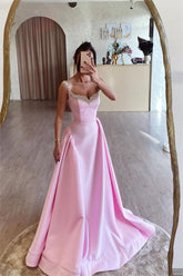 Pink Spaghetti Strap Sleeveless A Line Long Formal Dress With Beading