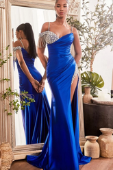 Royal blue spaghetti straps rhinestone mermaid evening dress