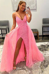 Pink Sparkly Prom Dress with Detachable Sequined Train and Slit