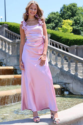 Pink Square Sleeveless 3D Floral Applique Pleated A-Line Floor Length Formal Evening Gown