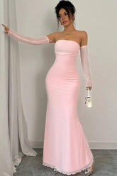 Pink Strapless Detachable Long Sleeves Mermaid Satin Ruffled Floor Formal Evening Gown