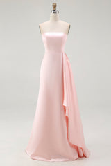 Pink strapless ruffled column prom dress