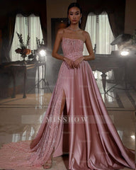 Pink Strapless Sleeveless A-Line Satin Sequined Beaded Front Slit Floor Formal Dress