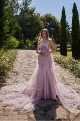 Pink Strapless Sleeveless A-Line Tulle Floral Appliques Floor Length Formal Evening Gown