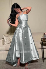 Pink Strapless Sleeveless A-line Satin Applique Rhinestone Floor Formal Evening Gown