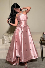 Pink Strapless Sleeveless A-line Satin Applique Rhinestone Floor Formal Evening Gown