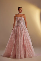 Pink Strapless Sleeveless Ball Gown Tulle Beaded Appliques Floor Length Evening Gown