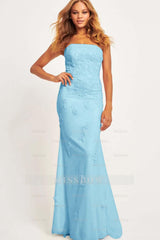 Pink Strapless Sleeveless Mermaid Lace Appliques Floor Length Formal Evening Dress