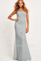 Pink Strapless Sleeveless Mermaid Lace Appliques Floor Length Formal Evening Dress