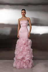 Pink strapless applique mermaid evening dress