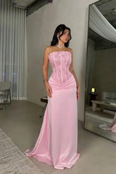 Pink Strapless Sleeveless Mermaid Satin Lace Pleated Floor Length Formal Evening Gown