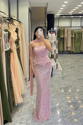 Pink strapless beaded mermaid evening dress