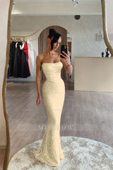 Champagne strapless sequin mermaid evening dress