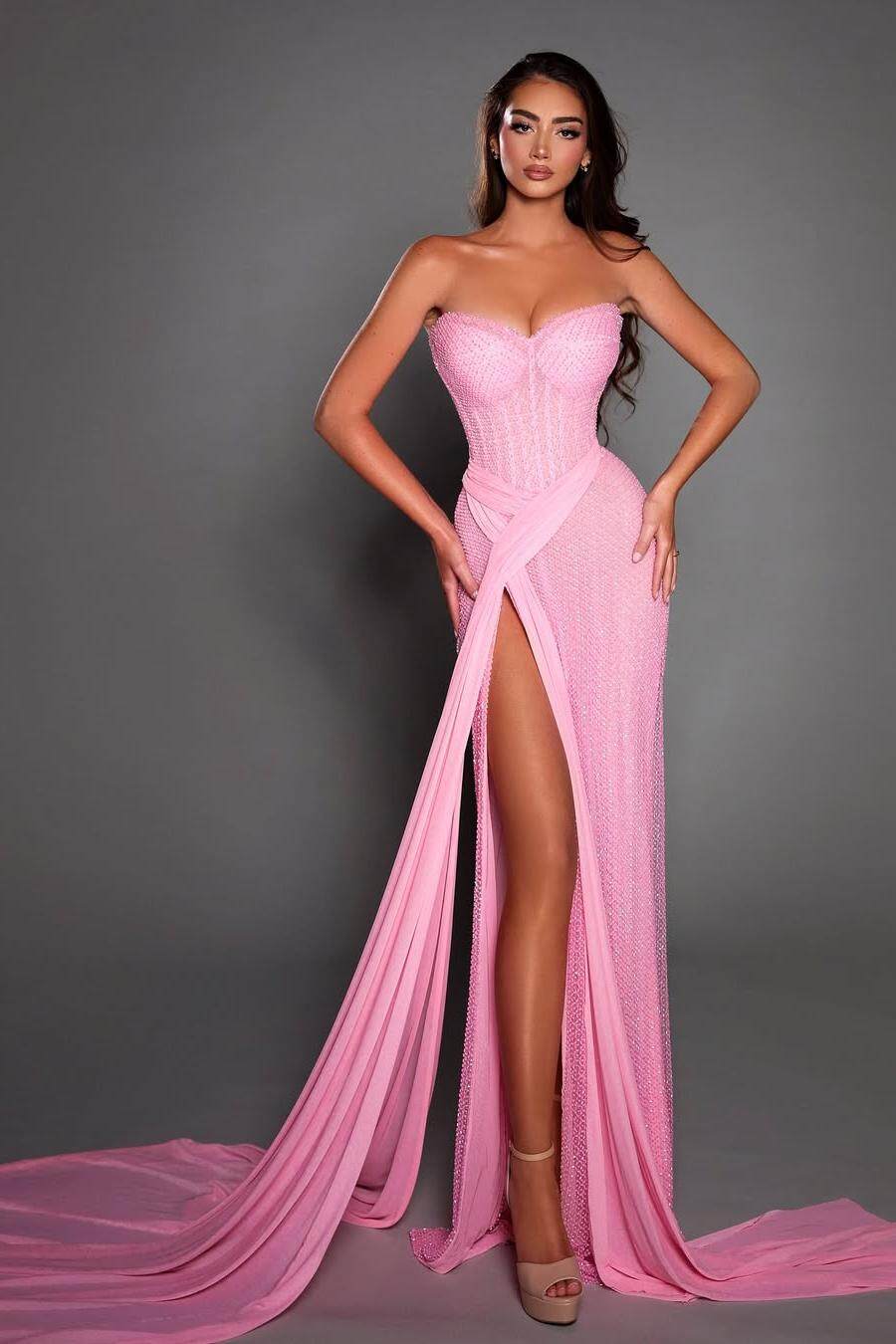 Pink Strapless Sweetheart Sleeveless Mermaid Sequined Floor Length Formal Evening Dress