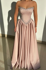 Pink Strapless Sweetheart Sleeveless Rhinestone Beaded Satin A-Line Formal Evening Gown