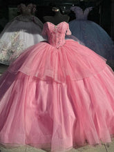 Pink Sweetheart Cap Sleeve Beaded Applique Ruffles Bow Ball Gown Quinceanera Dress
